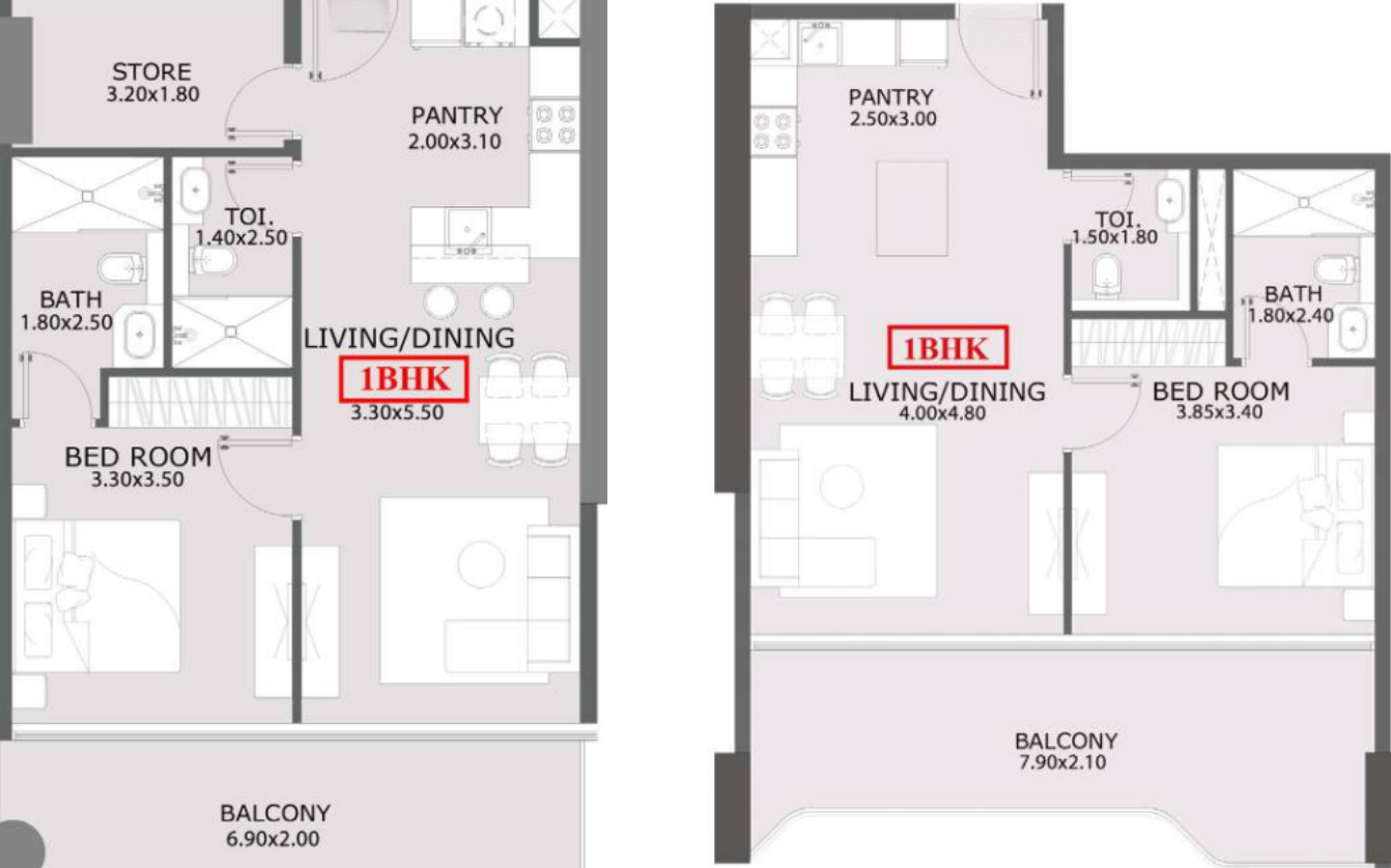 1 Bedroom + Study Room Floor Plan – Modern Layout Options with Balcony