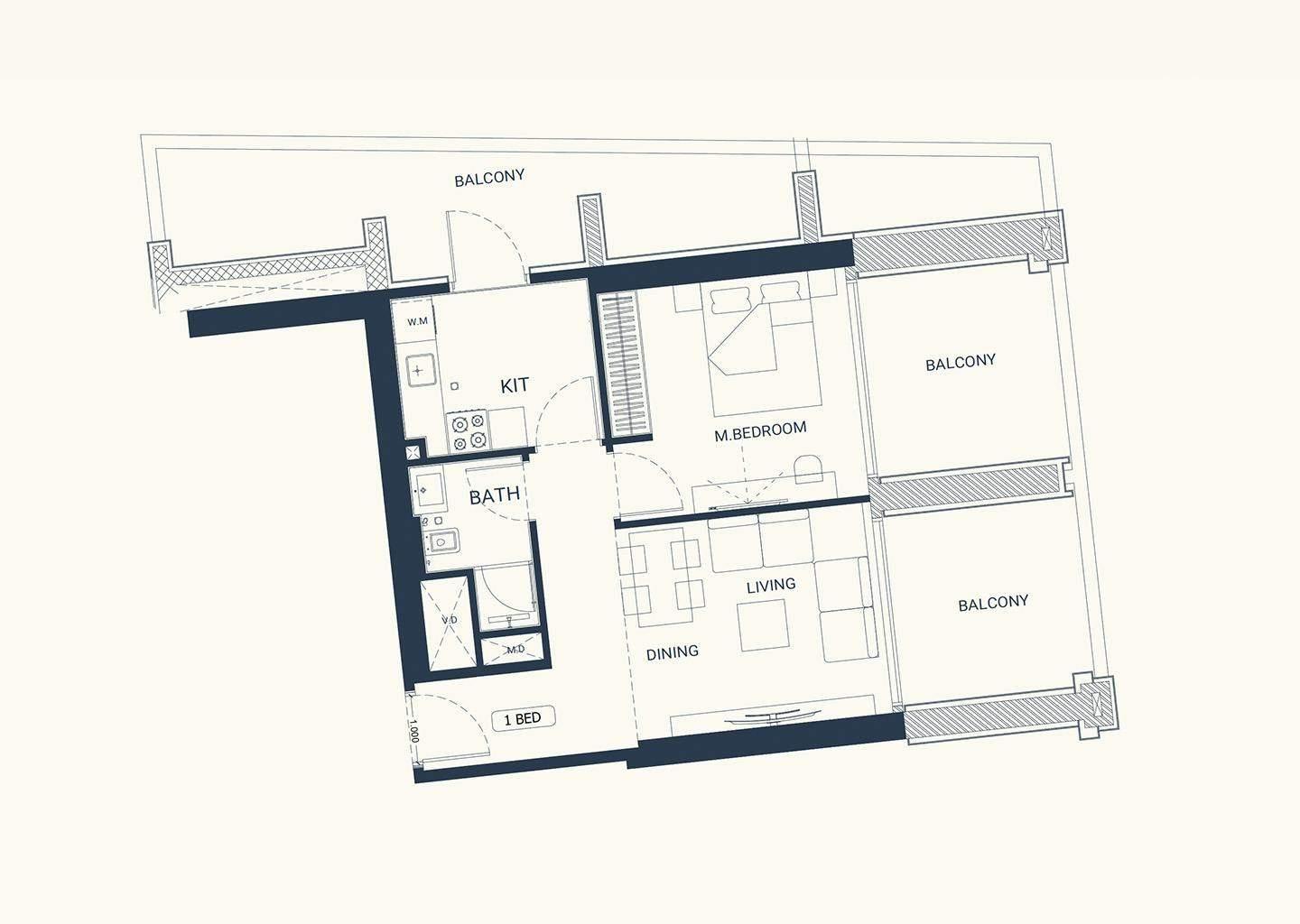 1 Bedroom Apartment Floor Plan with Expansive Terrace | Binghatti Elite, Dubai Production City