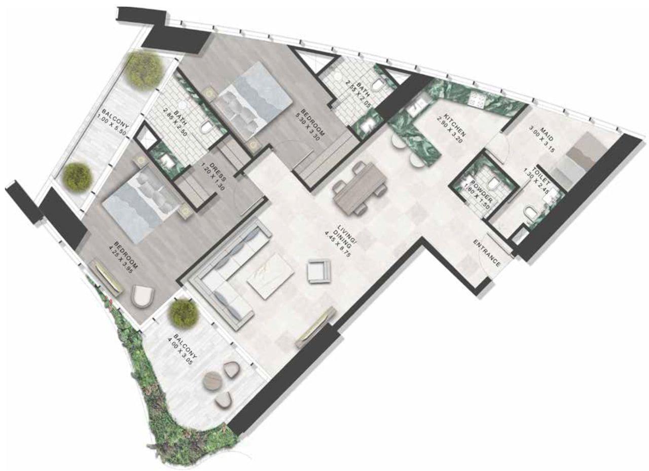 2 Bedroom | 1,756.24 sq. ft. | Community + Partial Park View