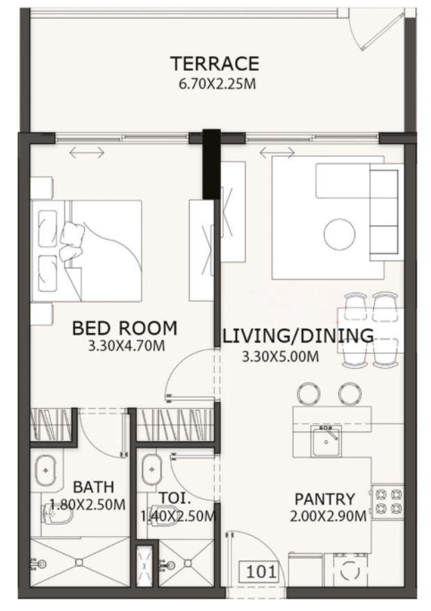 1 Bedroom Floor Plan | Private Terrace | Fountain View| Coventry Gardens, DLRC